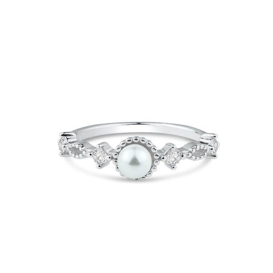 925 Sterling Silver Rhodium Plated Synthetic Pearl Center Clear CZ Ring - BGR01357 | Silver Palace Inc.