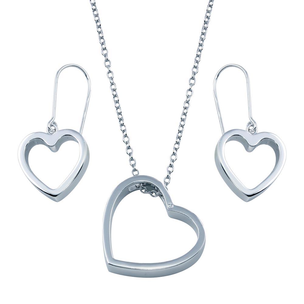 Rhodium Plated 925 Sterling Silver Open Heart Hook Earring and Necklace Set - BGS00035 | Silver Palace Inc.