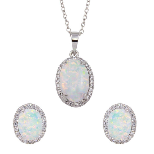 Silver 925 Rhodium Plated Oval Synthetic Opal Set with CZ - BGS00574 | Silver Palace Inc.