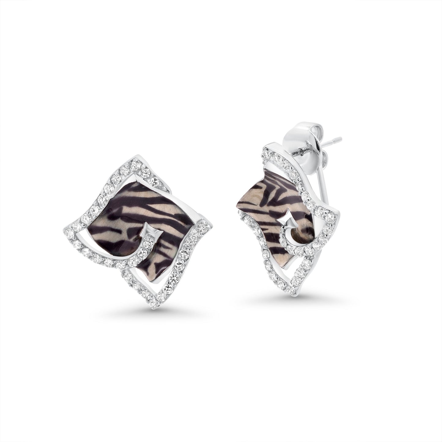 Clearance-Silver 925 Rhodium Plated Zebra Stripe Print Square Clear CZ French Clip Earring and Necklace Set - BGS00086