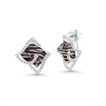 Clearance-Silver 925 Rhodium Plated Zebra Stripe Print Square Clear CZ French Clip Earring and Necklace Set - BGS00086