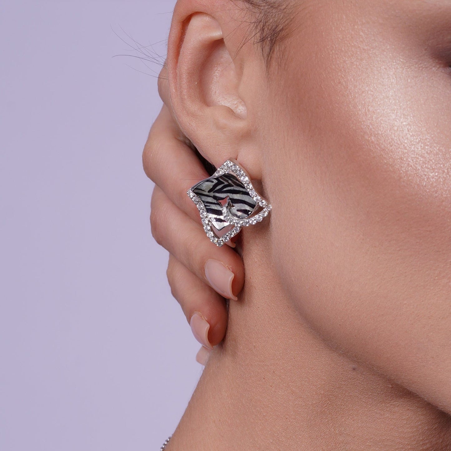 Clearance-Silver 925 Rhodium Plated Zebra Stripe Print Square Clear CZ French Clip Earring and Necklace Set - BGS00086