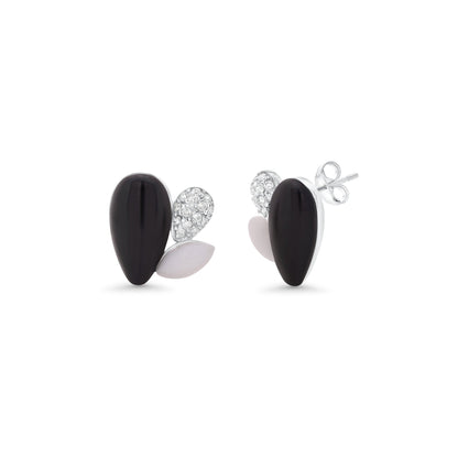Clearance-Silver 925 Rhodium Plated Black Onyx White Enamel Clear Flower CZ Stud Earring and Necklace Set - BGS00088