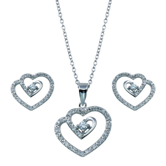 Rhodium Plated 925 Sterling Silver Swirl Open Heart Clear CZ Dangling Matching Set - BGS00106 | Silver Palace Inc.