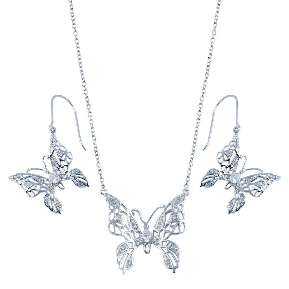 Rhodium Plated 925 Sterling Silver Clear Filigree Butterfly CZ Hook Set - BGS00131 | Silver Palace Inc.