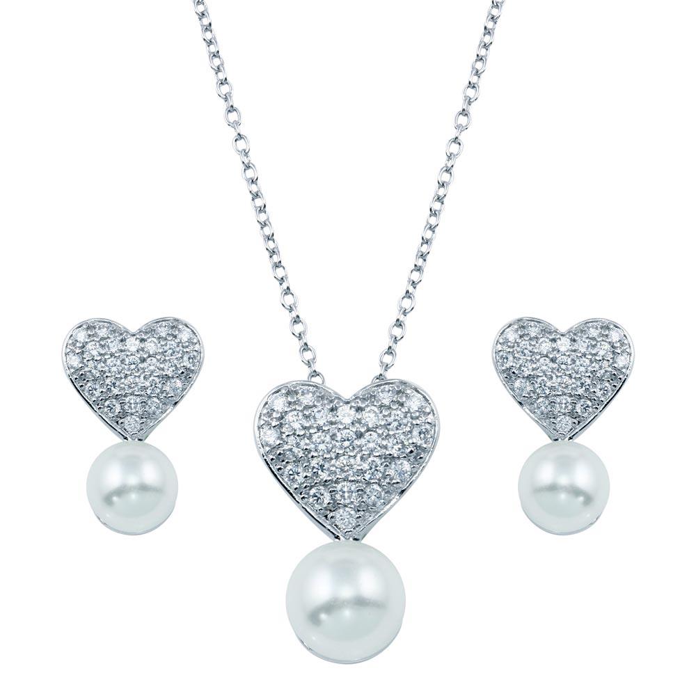 Rhodium Plated 925 Sterling Silver Pearl Clear Heart CZ Hanging Set - BGS00217 | Silver Palace Inc.