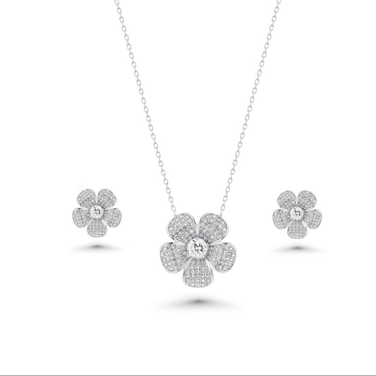 Silver 925 Rhodium Plated Clear Pave Set Flower CZ Stud Earring and Necklace Set - BGS00253