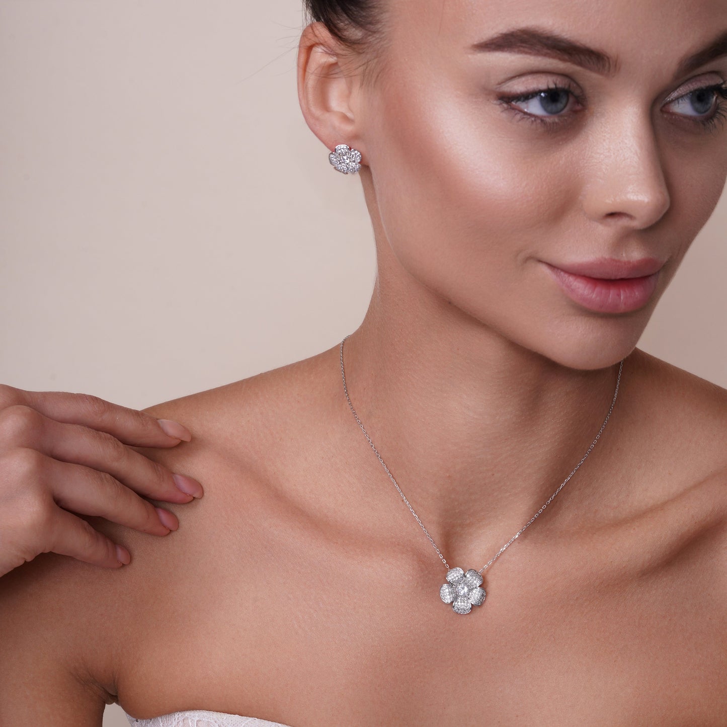 Silver 925 Rhodium Plated Clear Pave Set Flower CZ Stud Earring and Necklace Set - BGS00253