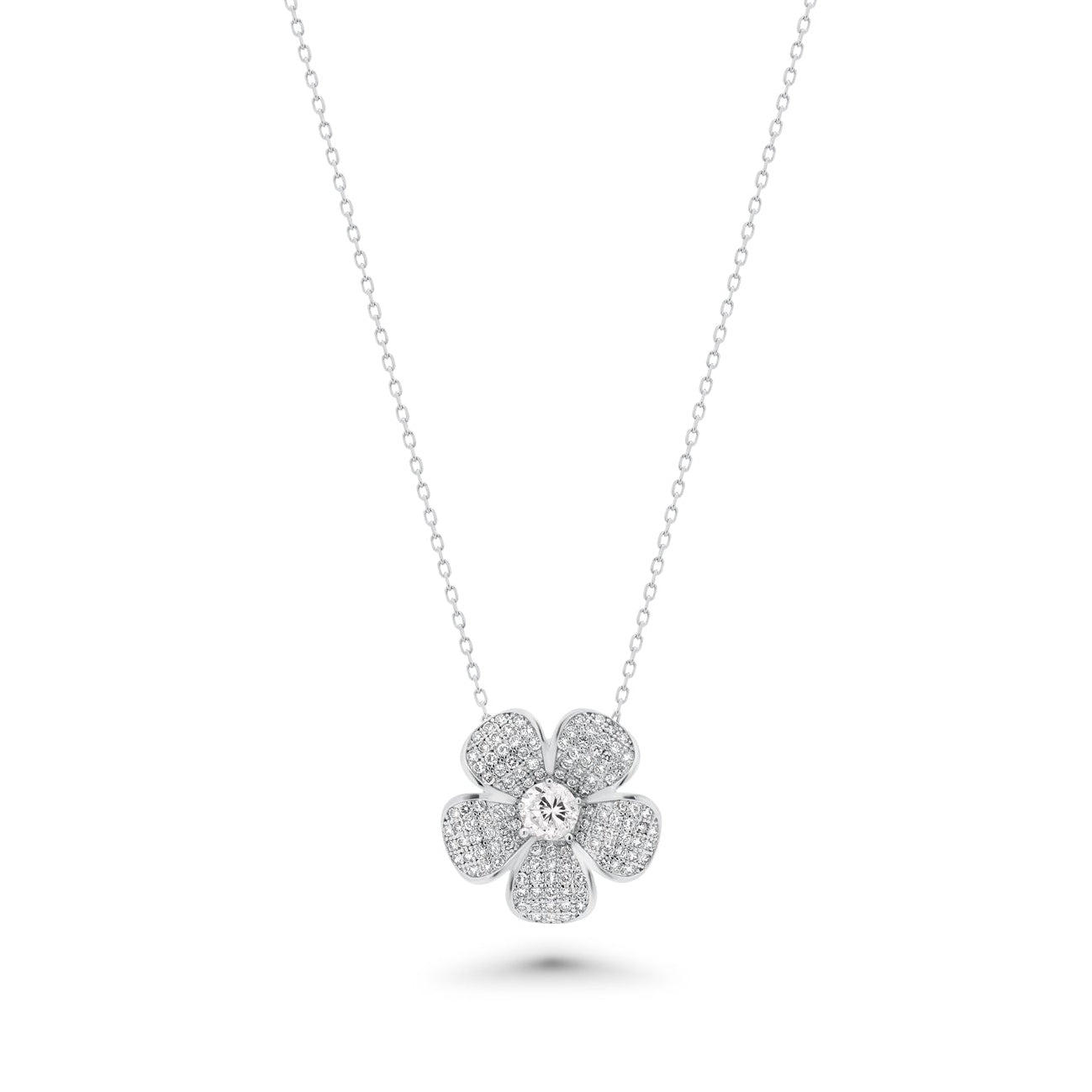 Silver 925 Rhodium Plated Clear Pave Set Flower CZ Stud Earring and Necklace Set - BGS00253