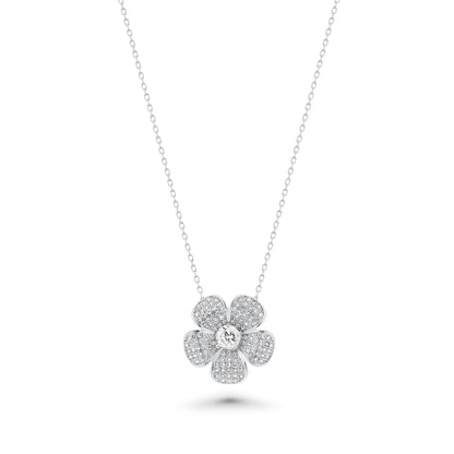 Silver 925 Rhodium Plated Clear Pave Set Flower CZ Stud Earring and Necklace Set - BGS00253