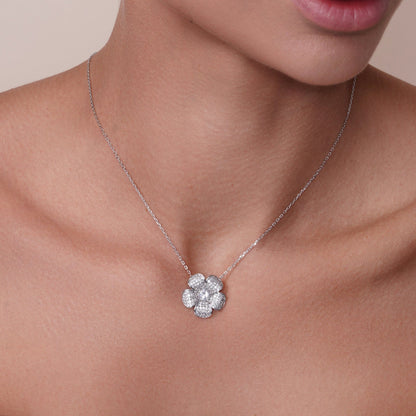 Silver 925 Rhodium Plated Clear Pave Set Flower CZ Stud Earring and Necklace Set - BGS00253