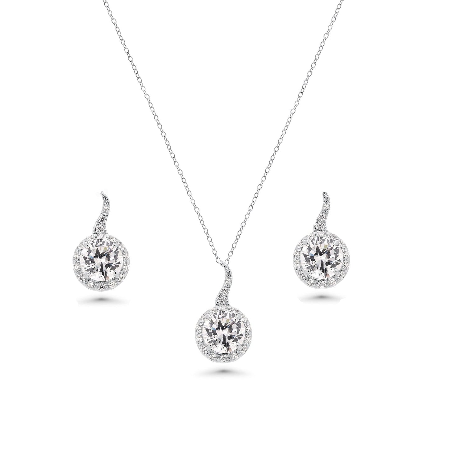 Silver 925 Rhodium Plated Clear Round CZ Hanging Stud Earring and Hanging Necklace Set - BGS00258