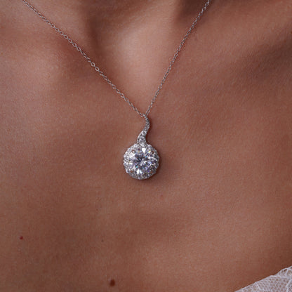 Silver 925 Rhodium Plated Clear Round CZ Hanging Stud Earring and Hanging Necklace Set - BGS00258