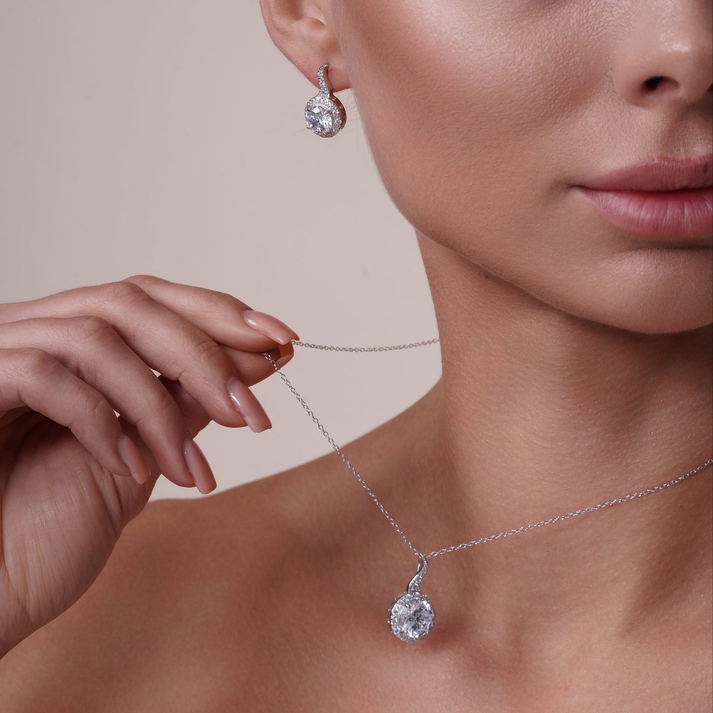 Silver 925 Rhodium Plated Clear Round CZ Hanging Stud Earring and Hanging Necklace Set - BGS00258