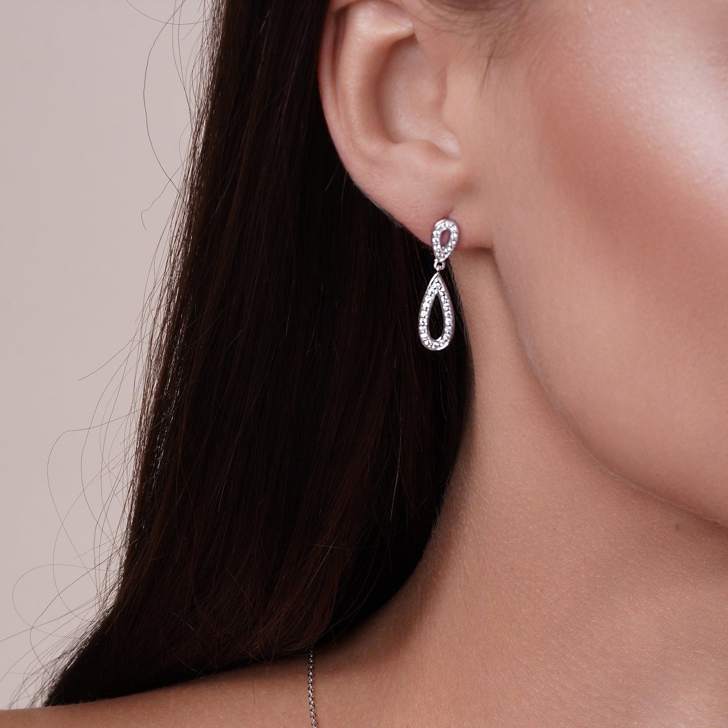 Silver 925 Rhodium Plated Clear Open Teardrop CZ Dangling Stud Earring and Dangling Necklace Set - BGS00261