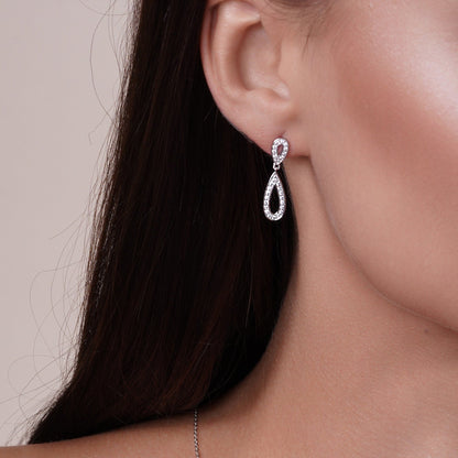 Silver 925 Rhodium Plated Clear Open Teardrop CZ Dangling Stud Earring and Dangling Necklace Set - BGS00261