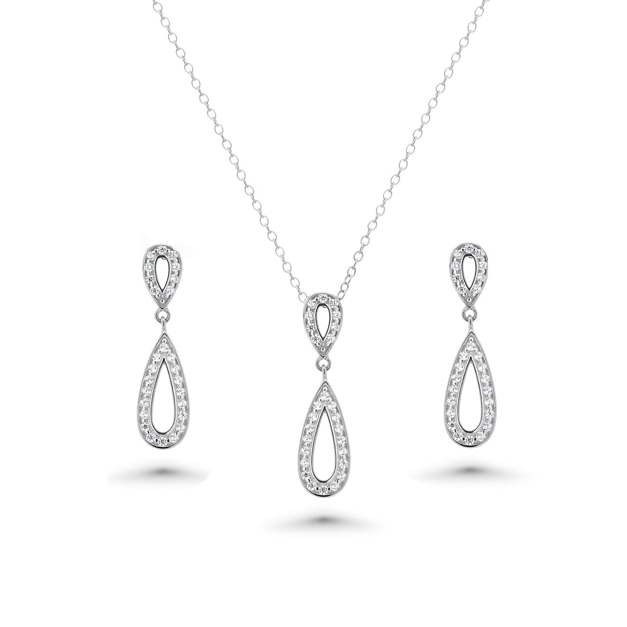 Silver 925 Rhodium Plated Clear Open Teardrop CZ Dangling Stud Earring and Dangling Necklace Set - BGS00261