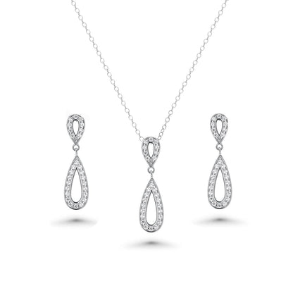 Silver 925 Rhodium Plated Clear Open Teardrop CZ Dangling Stud Earring and Dangling Necklace Set - BGS00261