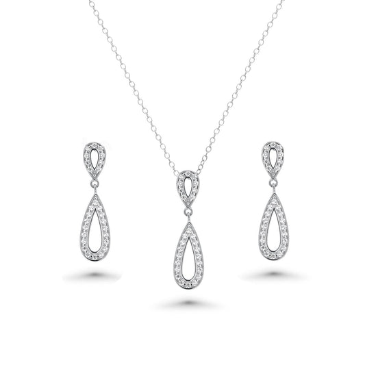 Silver 925 Rhodium Plated Clear Open Teardrop CZ Dangling Stud Earring and Dangling Necklace Set - BGS00261