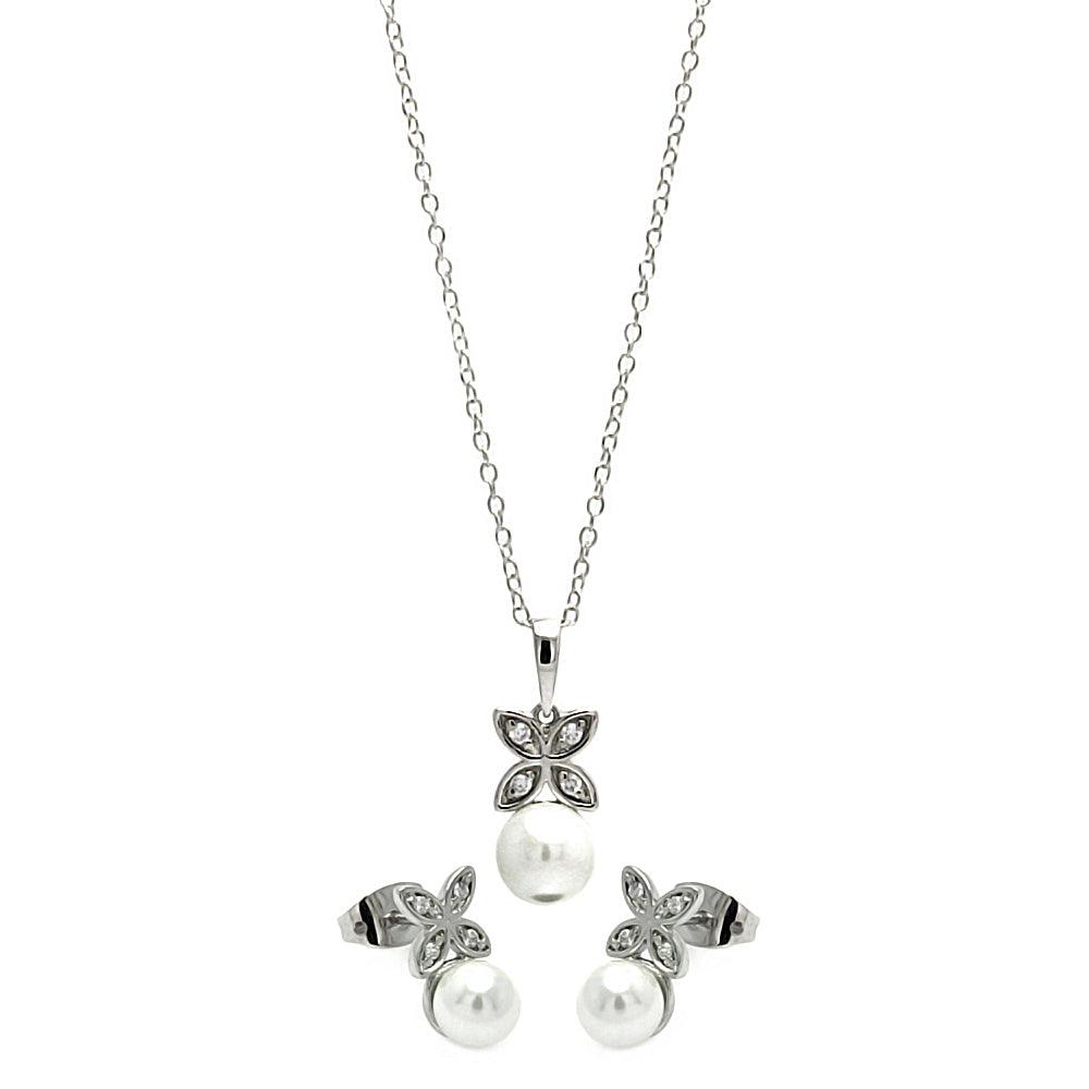 Silver 925 Rhodium Plated Clear CZ Hanging Pearl Butterfly Set - BGS00319 | Silver Palace Inc.