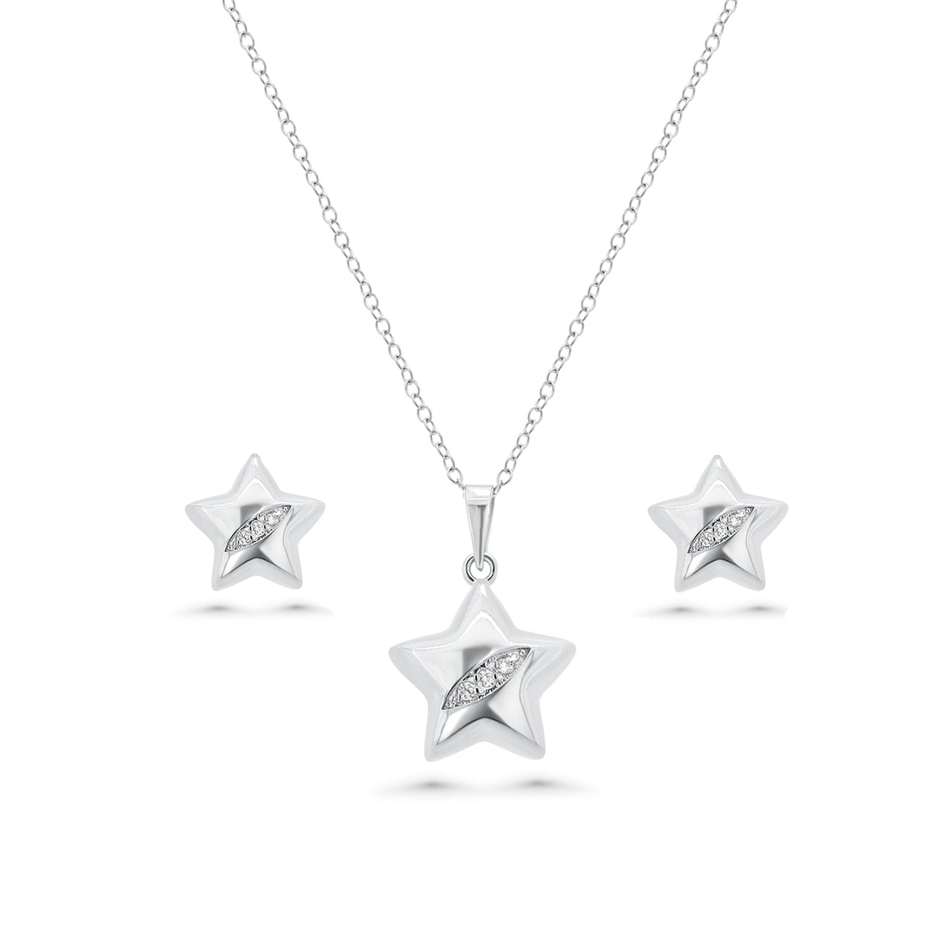 Silver 925 Rhodium Plated Clear Star Slash CZ Stud Earring and Necklace Set - BGS00436