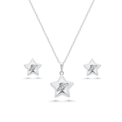 Silver 925 Rhodium Plated Clear Star Slash CZ Stud Earring and Necklace Set - BGS00436