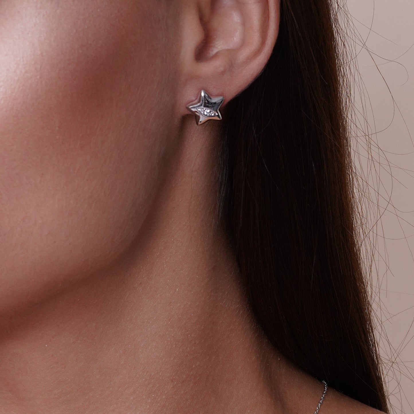 Silver 925 Rhodium Plated Clear Star Slash CZ Stud Earring and Necklace Set - BGS00436