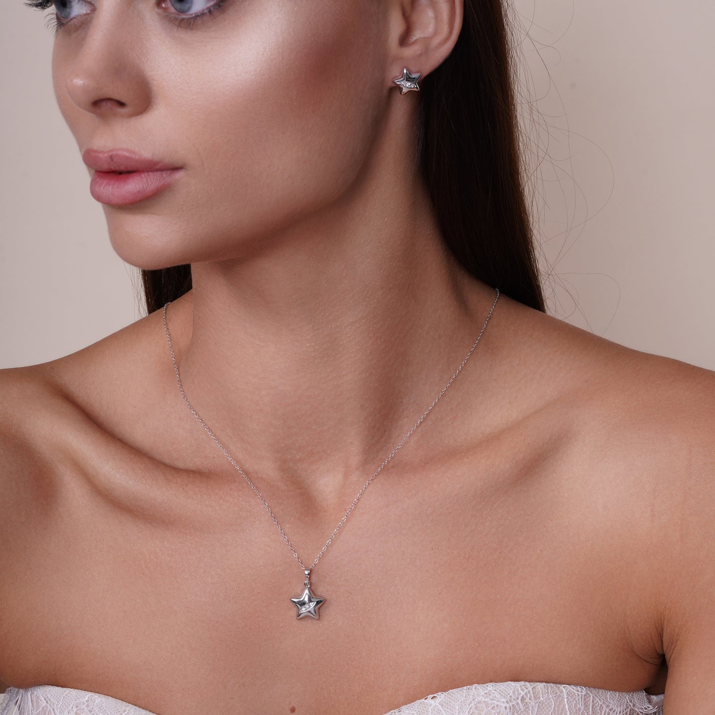 Silver 925 Rhodium Plated Clear Star Slash CZ Stud Earring and Necklace Set - BGS00436