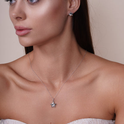 Silver 925 Rhodium Plated Clear Star Slash CZ Stud Earring and Necklace Set - BGS00436