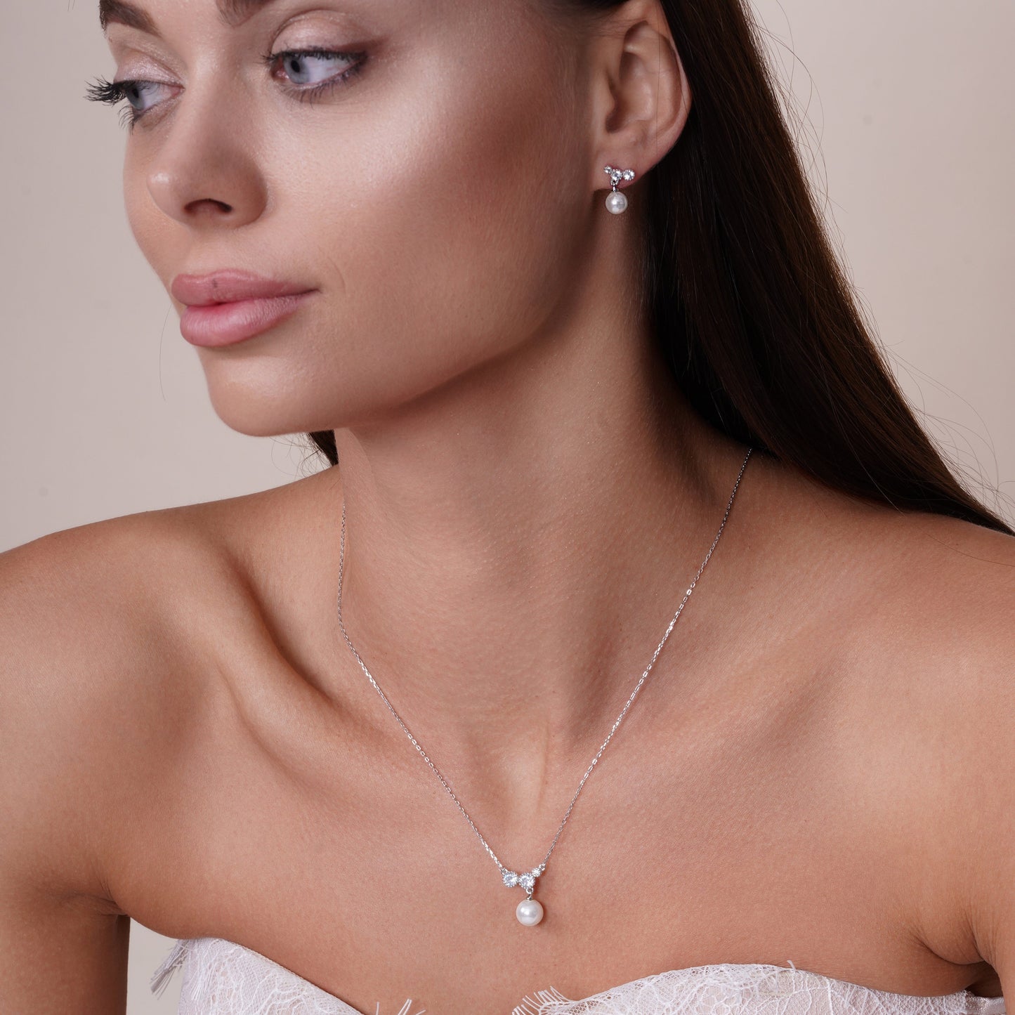 Rhodium Plated 925 Sterling Silver White Pearl Earring and Necklace with CZ - BGS00526