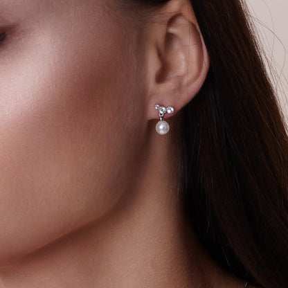 Rhodium Plated 925 Sterling Silver White Pearl Earring and Necklace with CZ - BGS00526