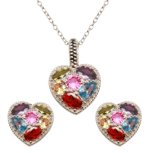 Silver 925 Rhodium Plated Multi-colored CZ Heart Pendant Necklace and Earrings Set - BGS00551 | Silver Palace Inc.