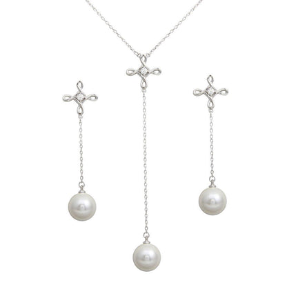 Silver 925 Rhodium Plated CZ Open Infinity Cross with Synthetic Dangling Set - BGS00561 | Silver Palace Inc.