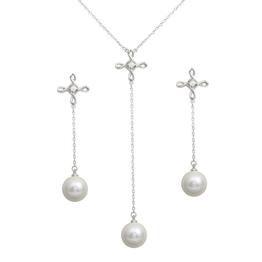 Silver 925 Rhodium Plated CZ Open Infinity Cross with Synthetic Dangling Set - BGS00561 | Silver Palace Inc.