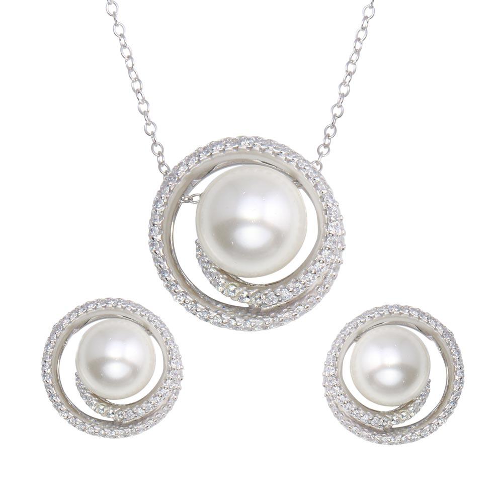 Silver 925 Rhodium Plated Spiral CZ With Synthetic Center Pearl Set - BGS00564 | Silver Palace Inc.