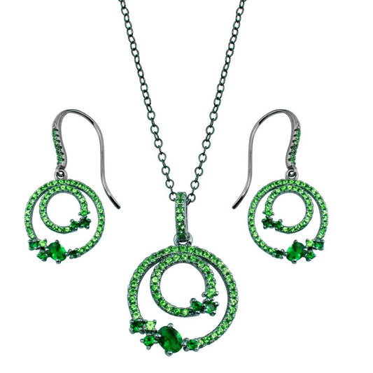 Silver 925 Rhodium Plated Double Circle Earrings and Necklace Set with Green CZ - BGS00565GRN | Silver Palace Inc.