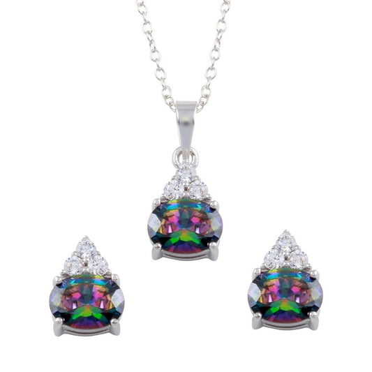 Silver 925 Rhodium Plated Teardrop Synthetic Mystic Topaz CZ Set - BGS00578 | Silver Palace Inc.