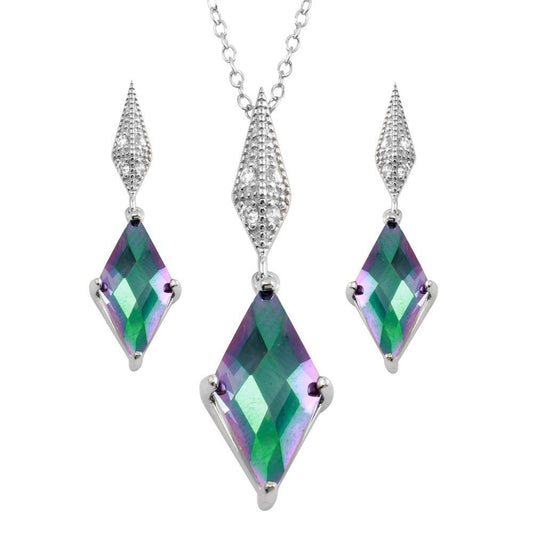 Silver 925 Rhodium Plated Diamond Shape Synthetic Mystic Topaz CZ Set - BGS00579 | Silver Palace Inc.