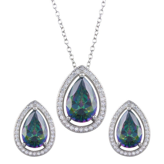 Silver 925 Rhodium Plated Halo Teardrop Synthetic Mystic Topaz CZ Set - BGS00580 | Silver Palace Inc.