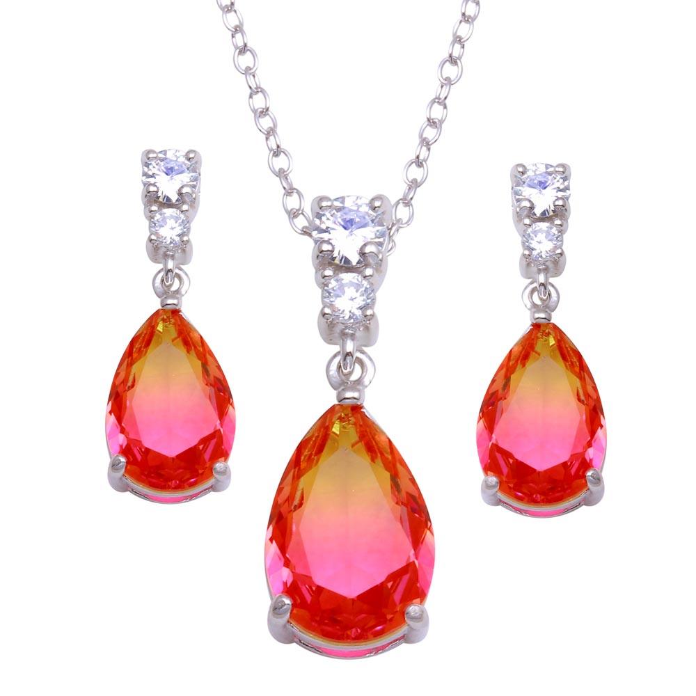 Rhodium Plated 925 Sterling Silver Teardrop Gradient Pink Orange CZ Set - BGS00590 | Silver Palace Inc.
