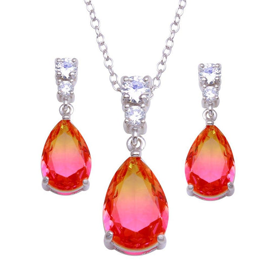 Rhodium Plated 925 Sterling Silver Teardrop Gradient Pink Orange CZ Set - BGS00590 | Silver Palace Inc.