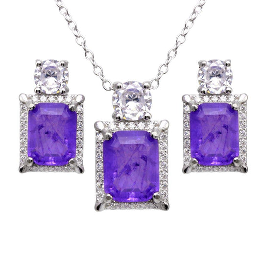 Silver 925 Rhodium Plated Rectangle Purple Halo CZ Set - BGS00595 | Silver Palace Inc.