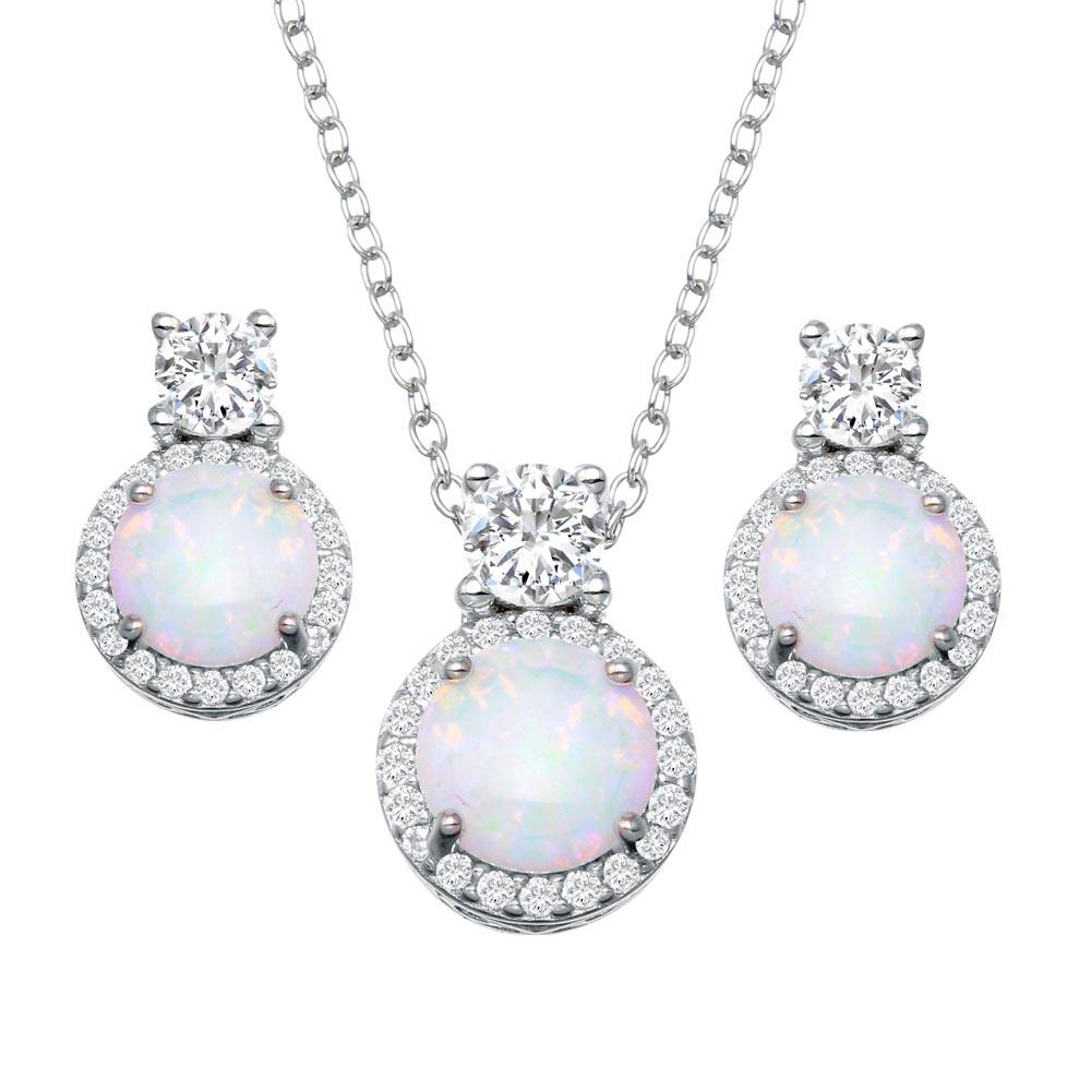 Silver 925 Rhodium Plated Round Synthetic Opal  Halo Set with CZ - BGS00596 | Silver Palace Inc.