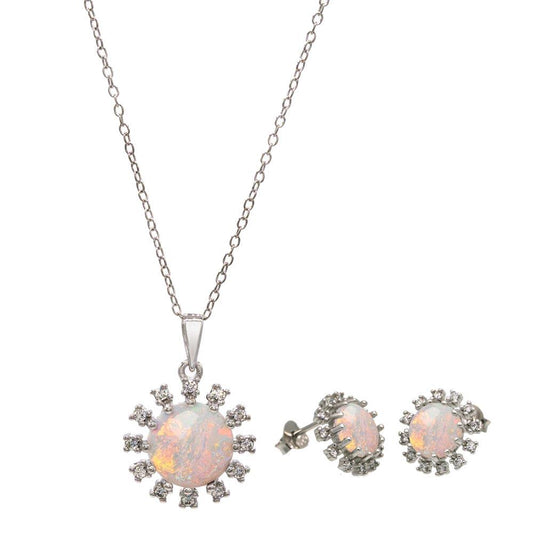 Rhodium Plated 925 Sterling Silver Flower Synthetic Opal Halo Set with CZ - BGS00602 | Silver Palace Inc.