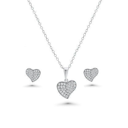 Rhodium Plated 925 Sterling Silver Curved Heart Necklace and Earring Set with Clear CZ Stones- BGS00611