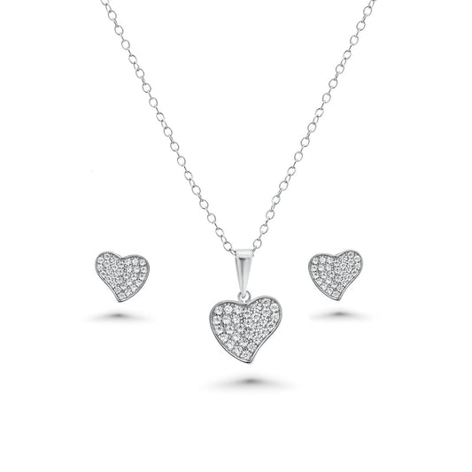 Rhodium Plated 925 Sterling Silver Curved Heart Necklace and Earring Set with Clear CZ Stones- BGS00611