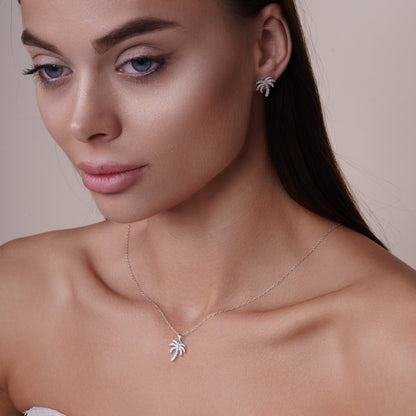 Rhodium Plated 925 Sterling Silver Palm Tree CZ Earring and Pendant Set - BGS00615