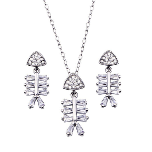 Rhodium Plated 925 Sterling Silver Fishbone Baguette Clear CZ Earring and Pendant Set - BGS00619 | Silver Palace Inc.