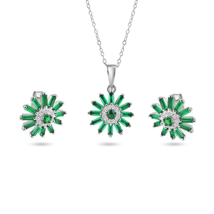 Rhodium Plated 925 Sterling Silver Green CZ Sunflower CZ Sets - BGS00622GRN