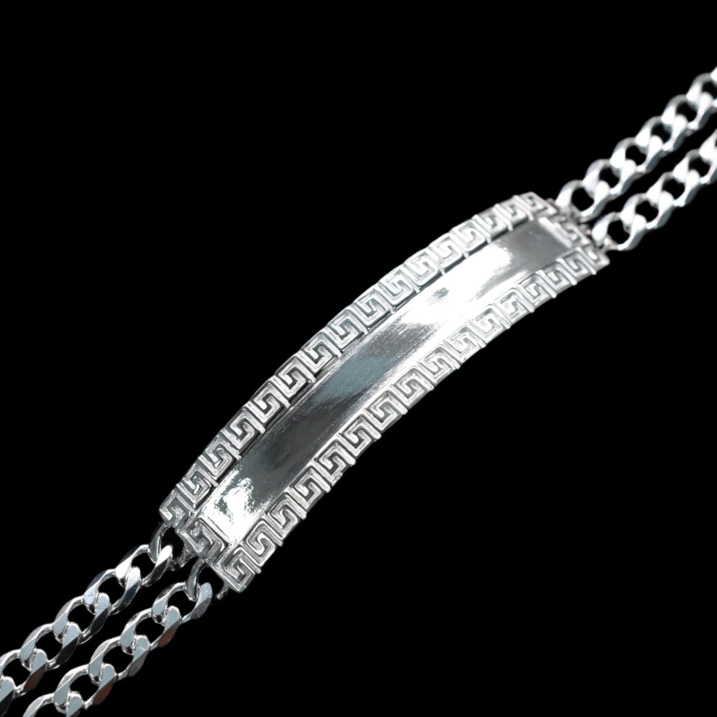 925 Sterling Silver Two Strand Curb 9.2mm Greek Key ID Bracelet - CDIB00012